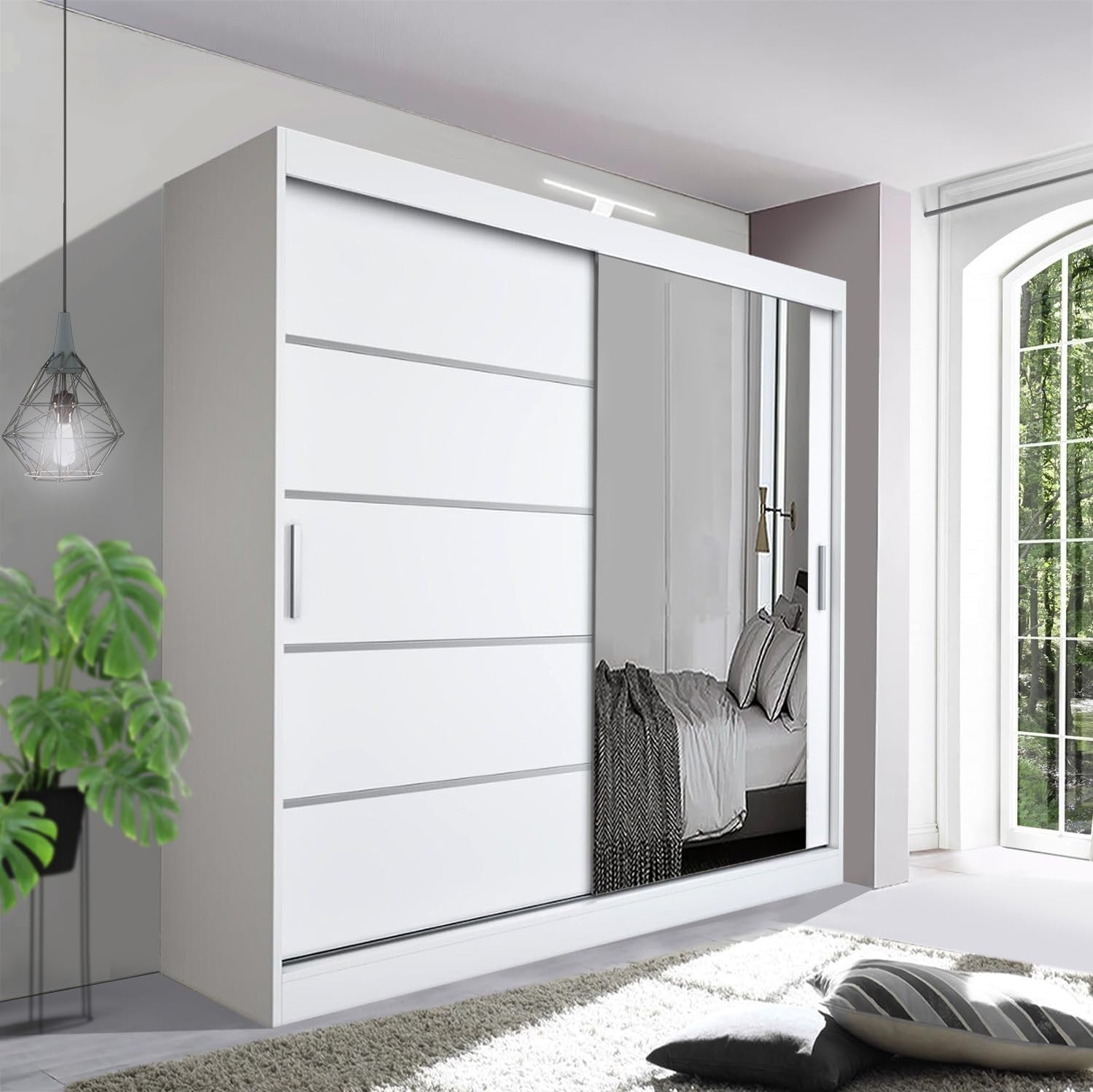 Modern White Sliding Wardrobe 150cm LED Light Bedroom Storage Space Saver