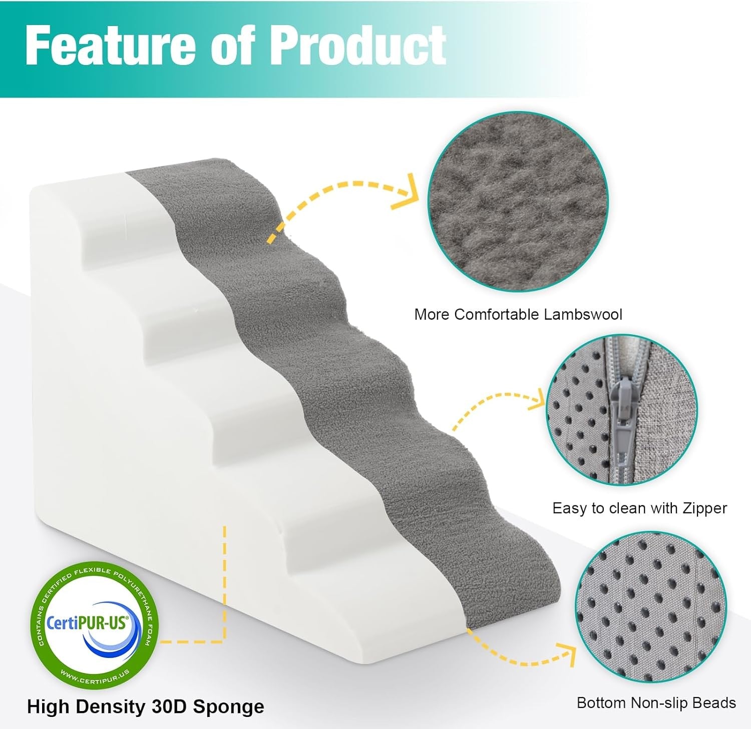 5 Tier Dog Stairs for Bed Non Slip Foam Pet Ramp Grey