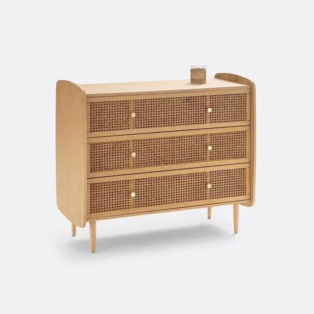 3 Drawer Oak Rattan Cane Chest | Bedroom Storage Unit 100x89.5x47cm