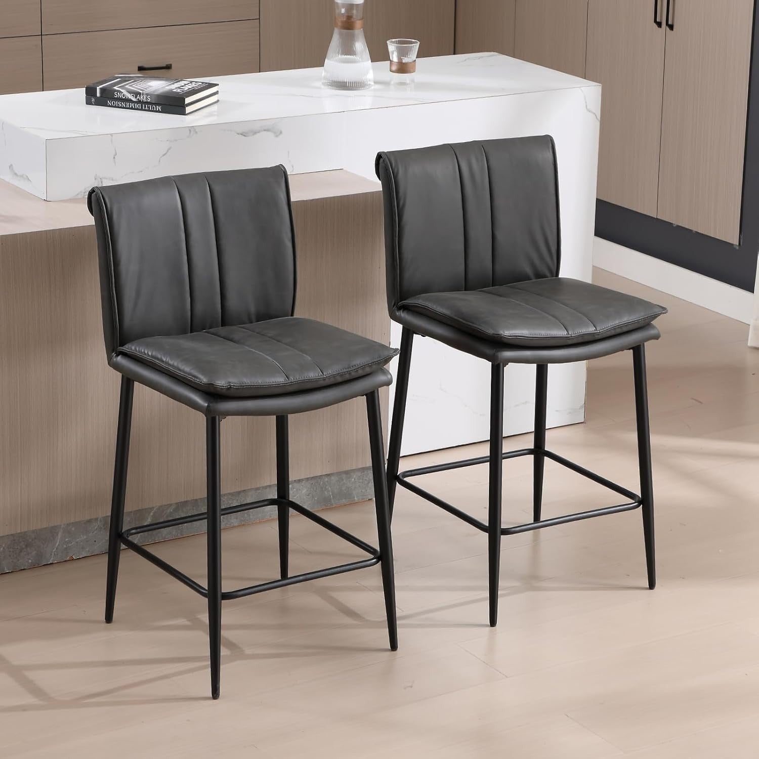 Grey Bar Stools Set of 2 PU Leather Counter Chairs with Footrest