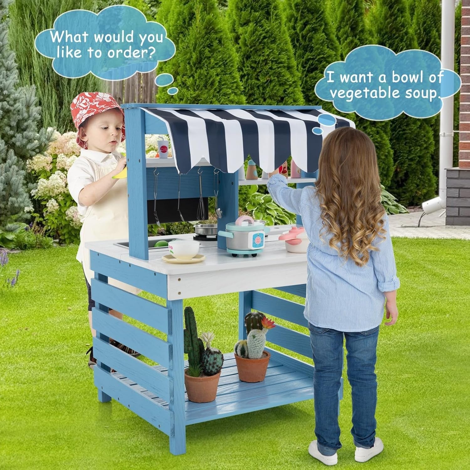 Outdoor Wooden Mud Kitchen Kids Play Cooker Grocery Stand Toy Set