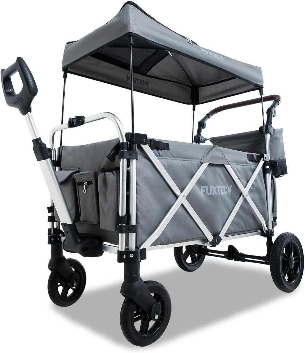 Grey All-Terrain 2-Seater Folding Kids Wagon Push Pull Stroller w/ Roof