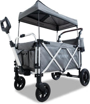 Grey All-Terrain 2-Seater Folding Kids Wagon Push Pull Stroller w/ Roof
