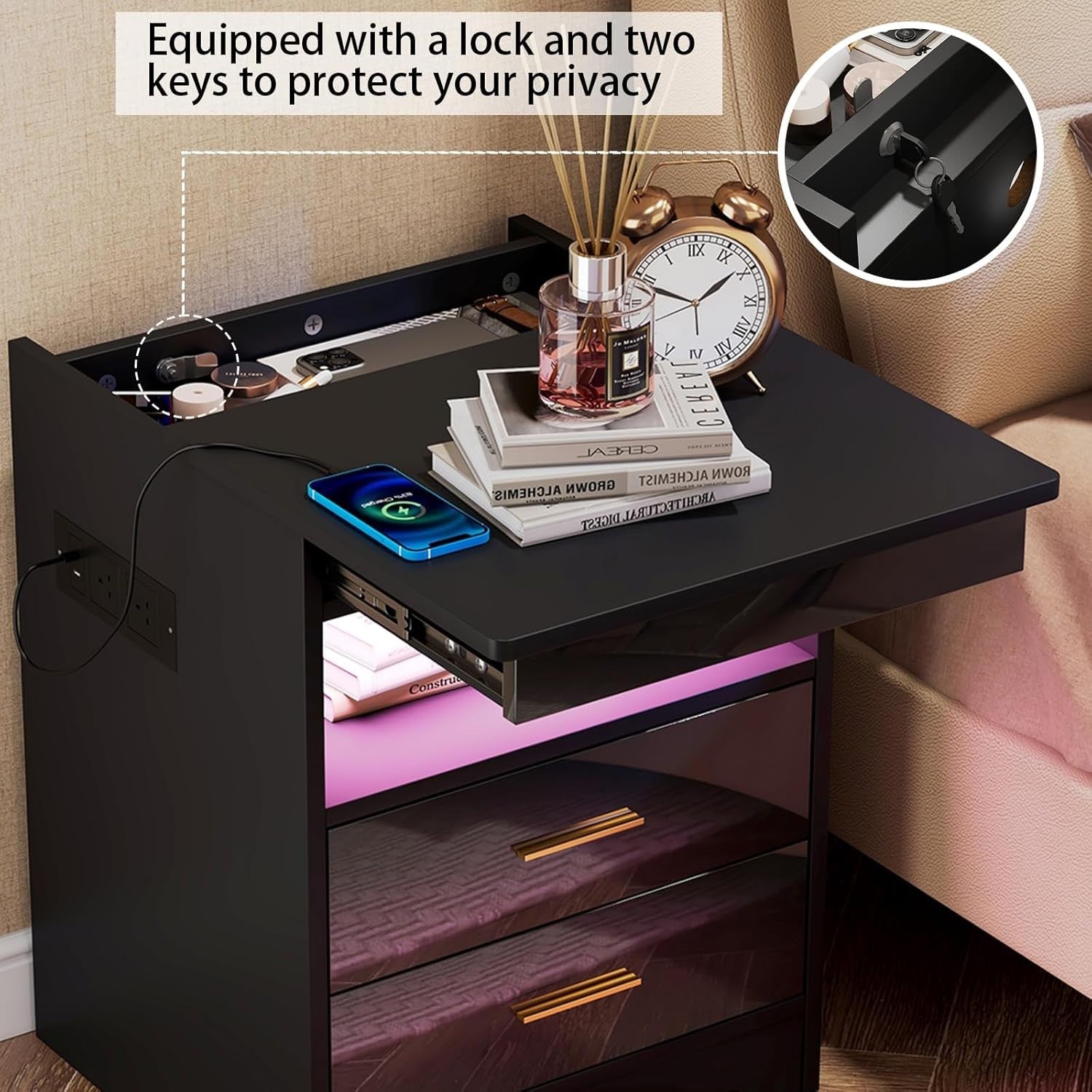 Black LED Bedside Table with USB Charging Ports, Lockable Drawers & RGB Lights
