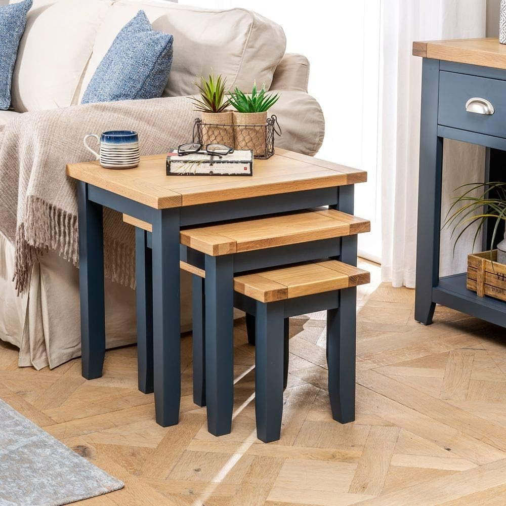 Blue Oak Nesting Coffee Side Tables Set of 3 Wood Rectangular Easy Assembly