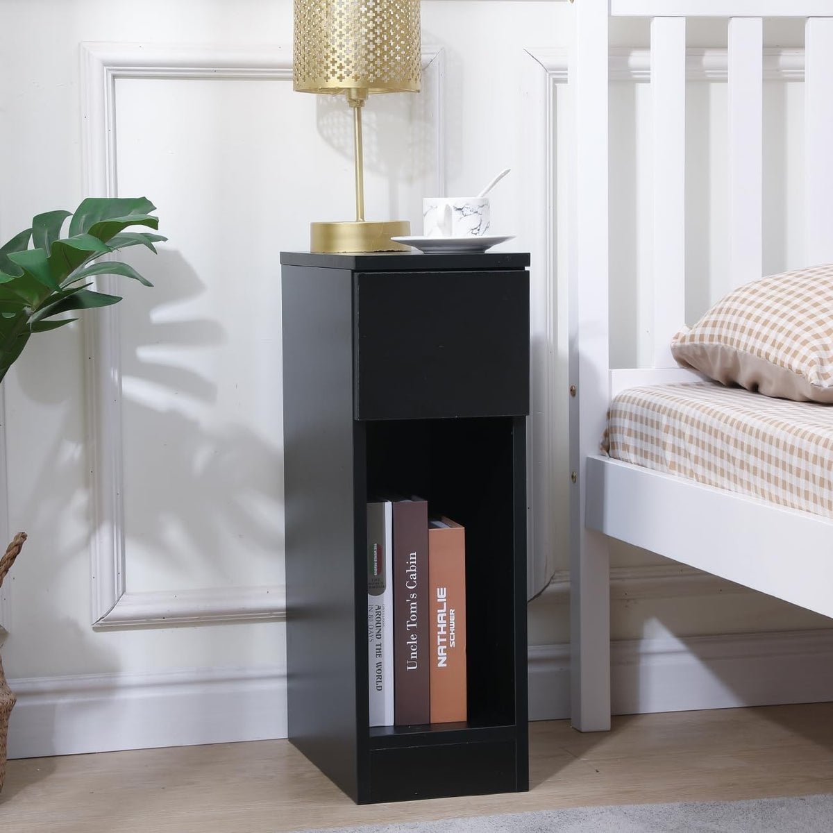 Black Slim Bedside Table with Drawer & Shelf, Narrow Nightstand for Small Rooms