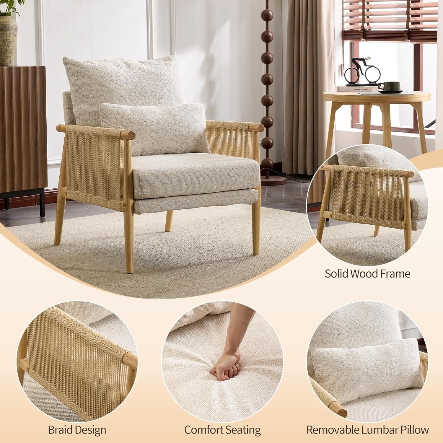 Comfy Rattan Accent Armchair Boucle Seat w/ Pillow Lounge Living Room