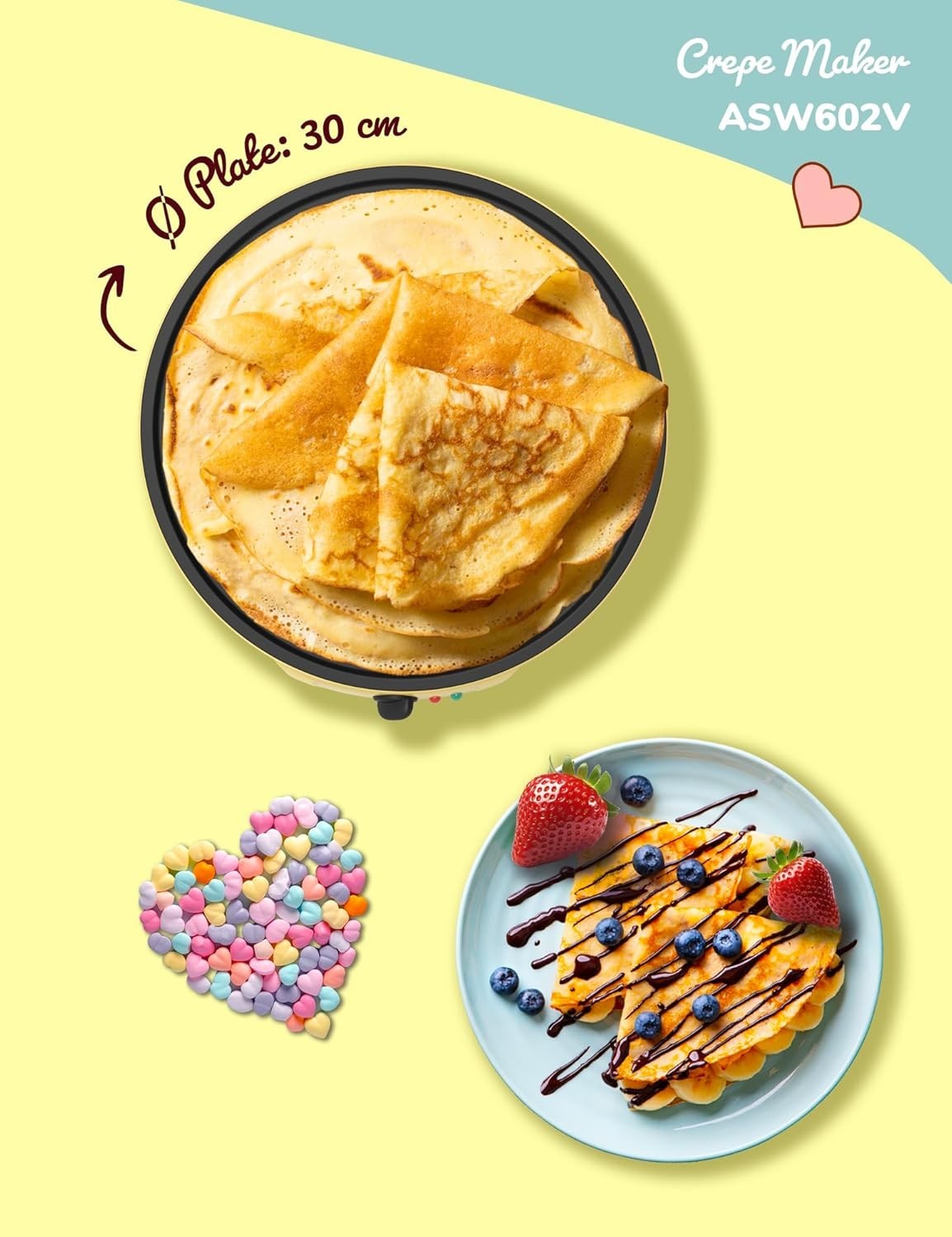 12" Electric Crepe Pancake Maker 1000W Non-Stick Adjustable Temp Yellow
