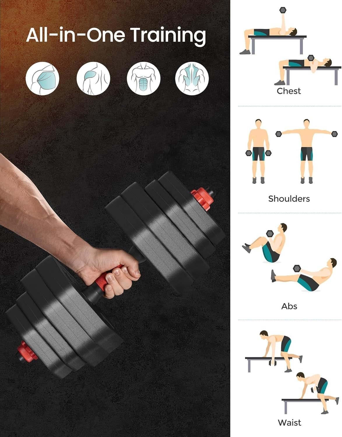 30kg Adjustable Dumbbell Barbell Set Hex Weights Home Gym Training