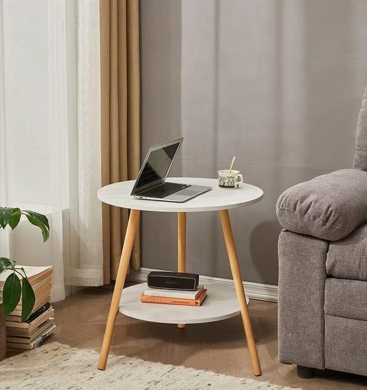 Modern 2-Tier Round Side Table with Metal Frame & Storage, 38x55cm White