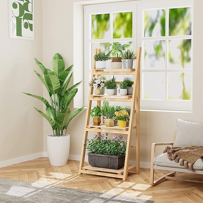 4 Tier Wooden Ladder Plant Stand Foldable Shelf Indoor Outdoor Display Rack
