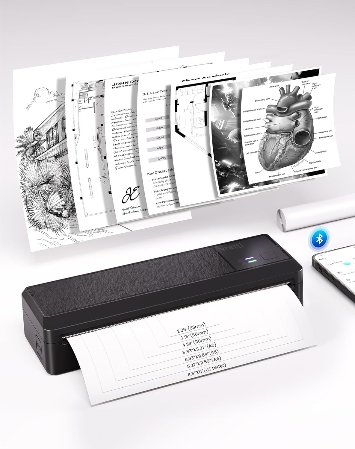 Portable A4 Thermal Printer Bluetooth Inkless Wireless