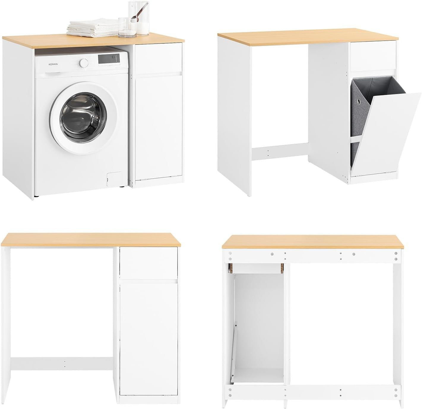 Washing Machine Cabinet with Laundry Basket Drawer Storage Unit White