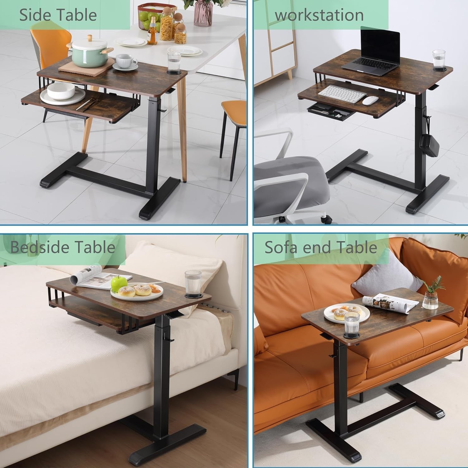 Overbed Table Adjustable Rolling Laptop Desk With Drawer Keyboard Tray Walnut