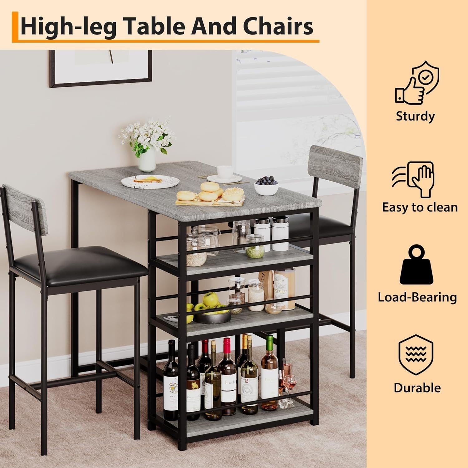 3-Piece Rustic Brown Bar Table Set with 2 Stools & 3 Storage Shelves Dining Set