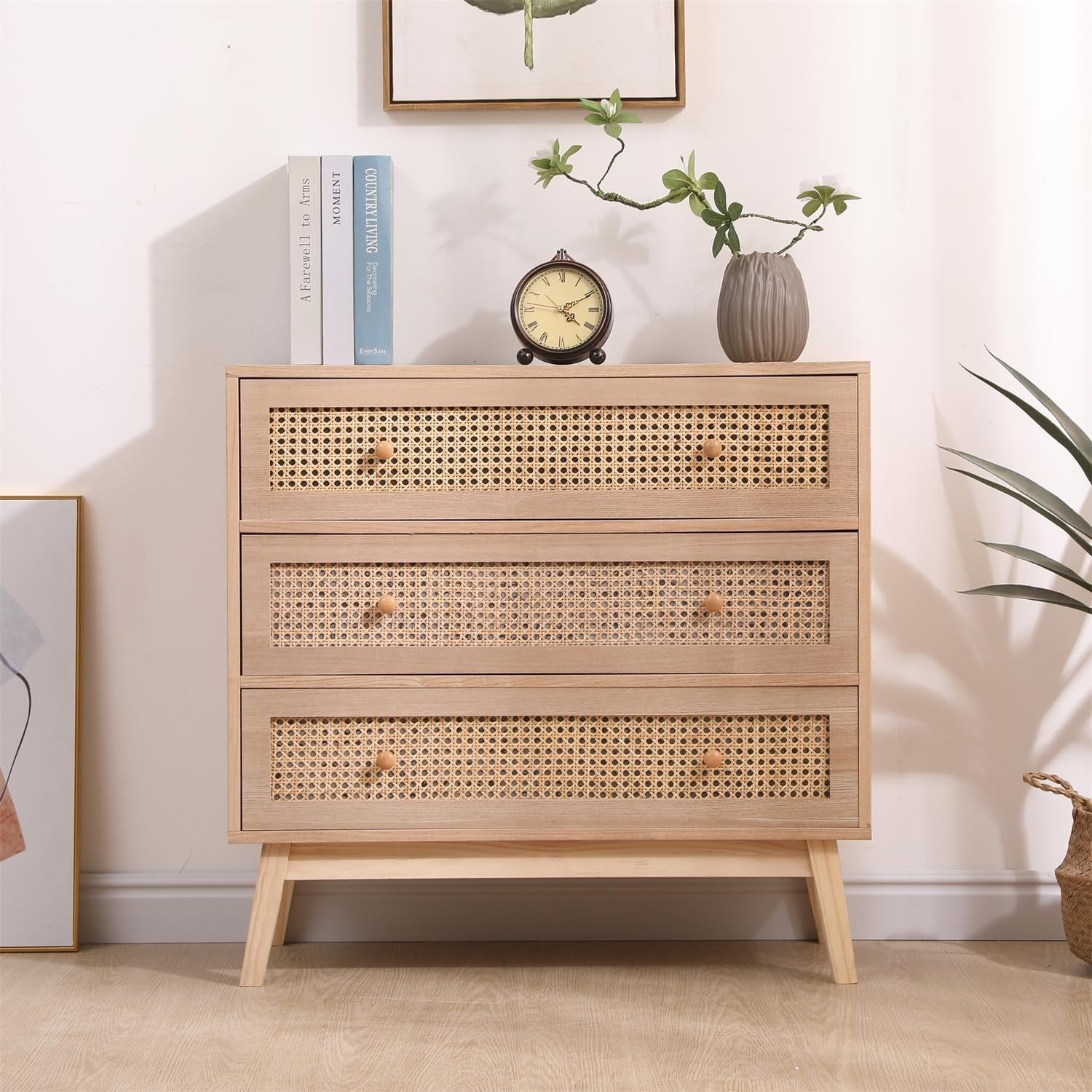 Natural Rattan 3 Drawer Chest Wood Dresser Sideboard Storage Cabinet 80cm