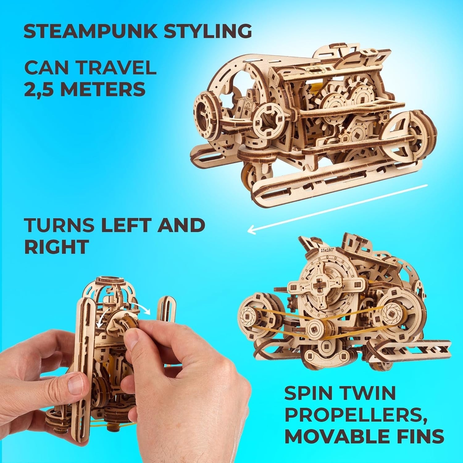 3D Wooden Steampunk Submarine Puzzle Model - Mechanical Brain Teaser Kit