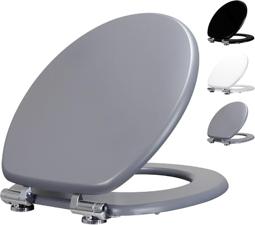 Grey Wooden Toilet Seat MDF Soft Close Adjustable Hinges 43.5x37.5cm