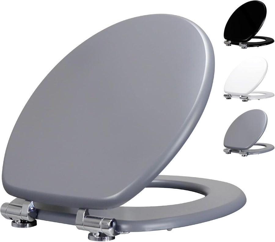 Grey Wooden Toilet Seat MDF Soft Close Adjustable Hinges 43.5x37.5cm