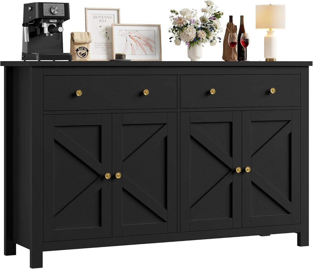 Large Black Kitchen Sideboard 4 Doors 2 Drawers Adjustable Shelves Storage