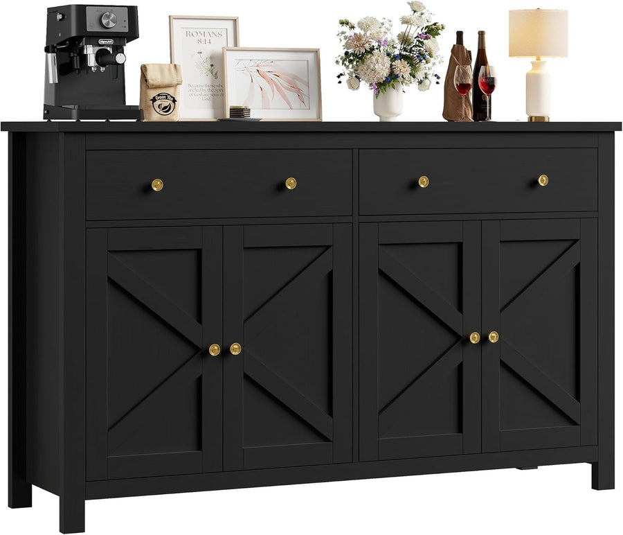 Large Black Kitchen Sideboard 4 Doors 2 Drawers Adjustable Shelves Storage