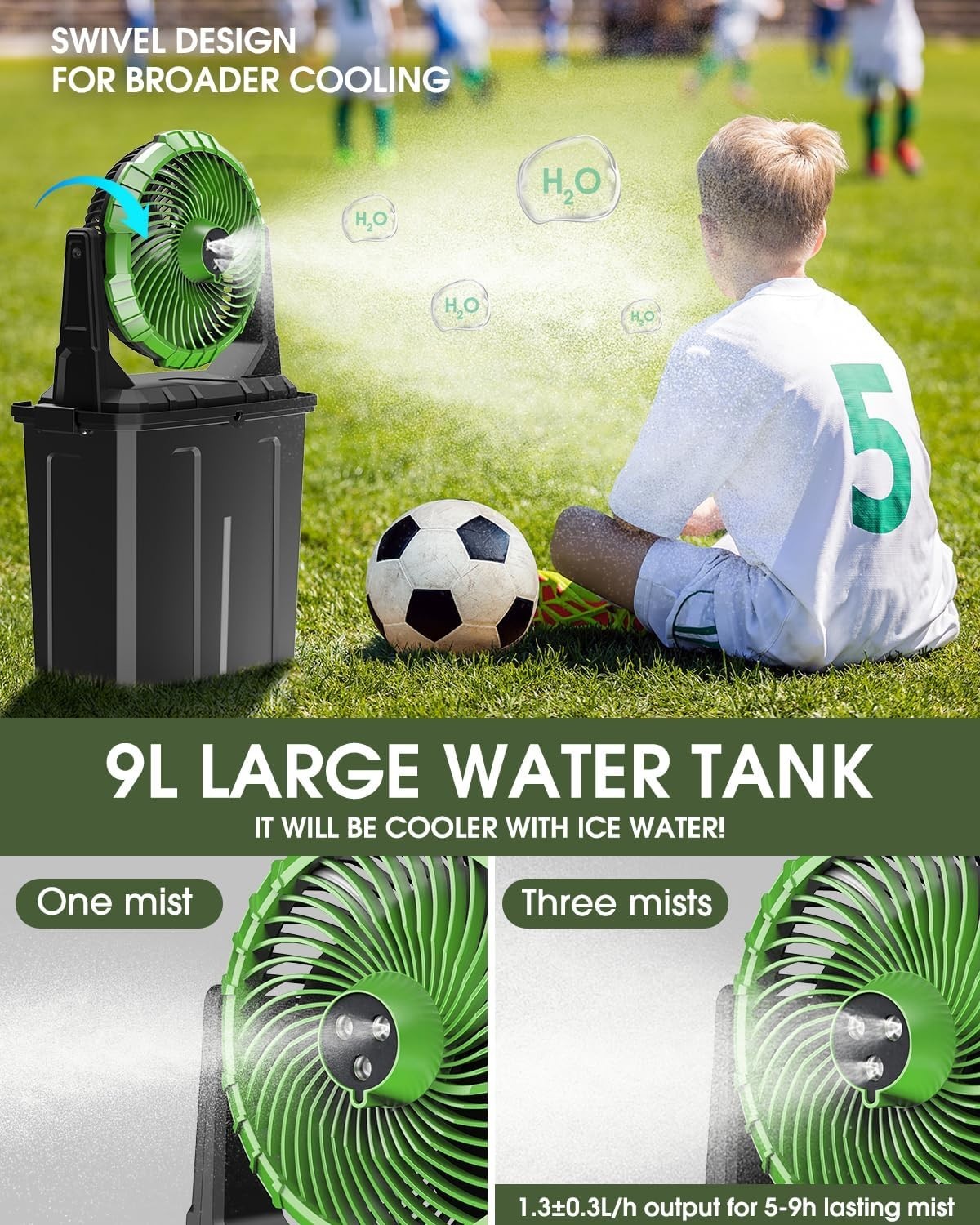 Portable Misting Fan – 9L Water Tank 20000mAh Rechargeable Outdoor Fan Green