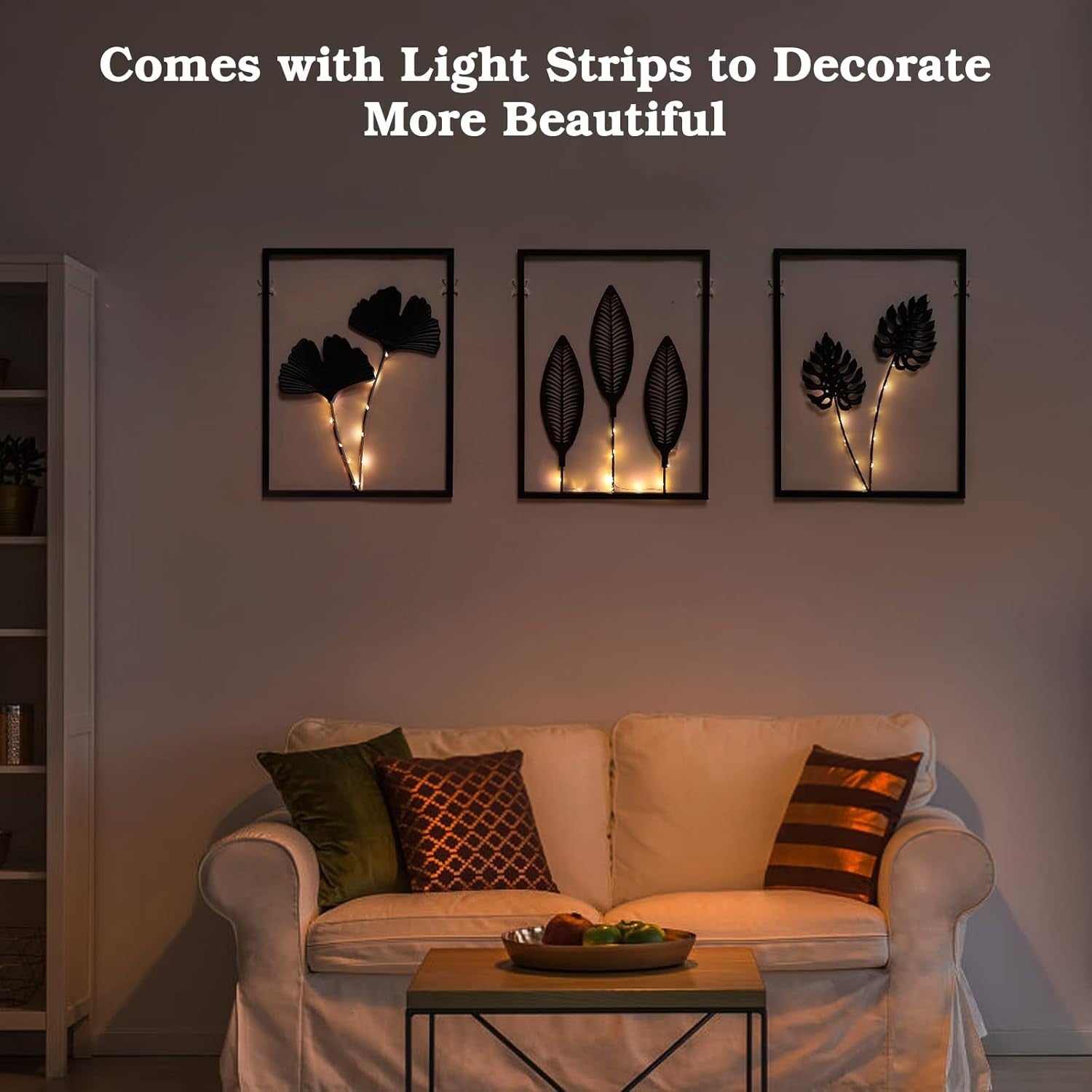 Black Metal Wall Decor Set LED Leaf Wall Art Hanging Set of 3
