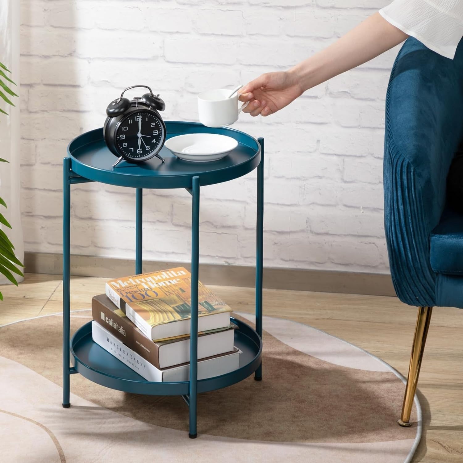Small Round Metal Side Table 2-Tier Coffee Table Removable Tray Peacock Green