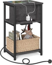 Slim Bedside Table with USB & Plug Sockets, 3-Tier 30x34x58cm Storage