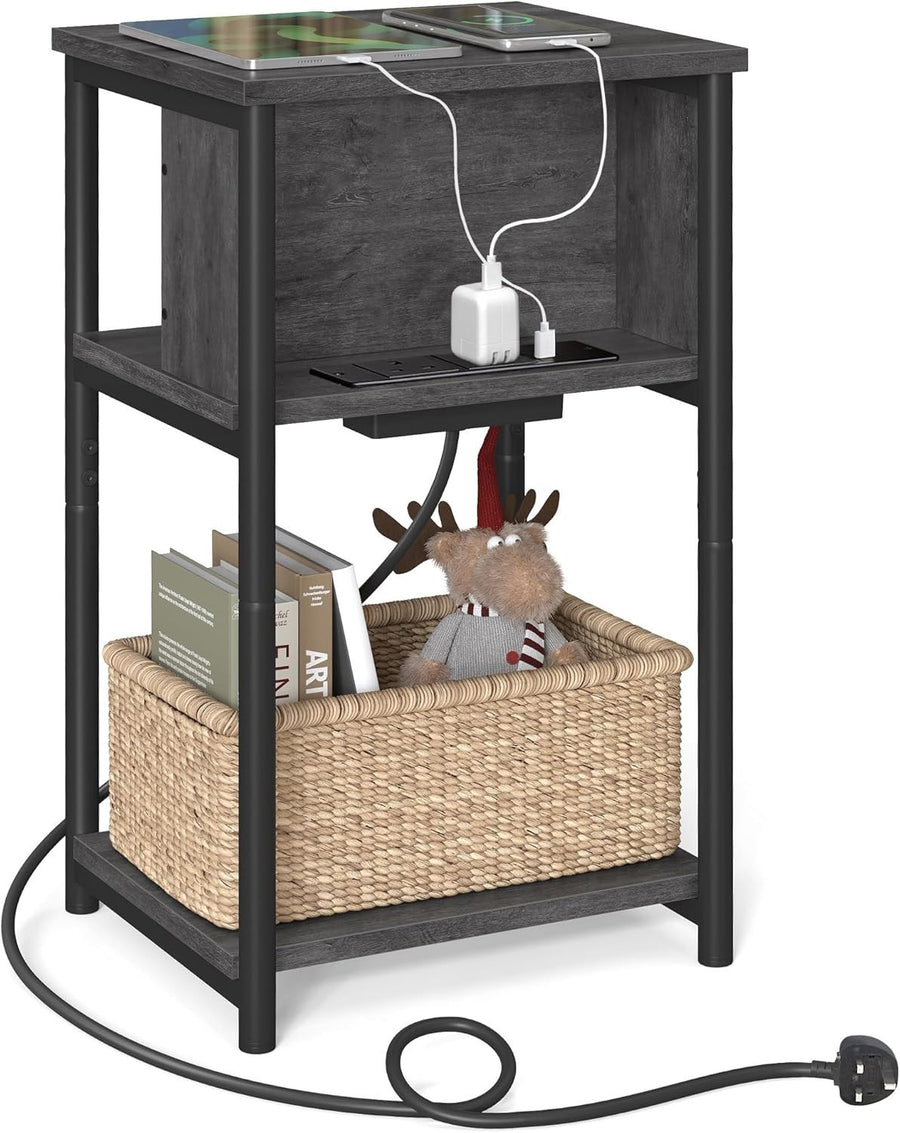 Slim Bedside Table with USB & Plug Sockets, 3-Tier 30x34x58cm Storage