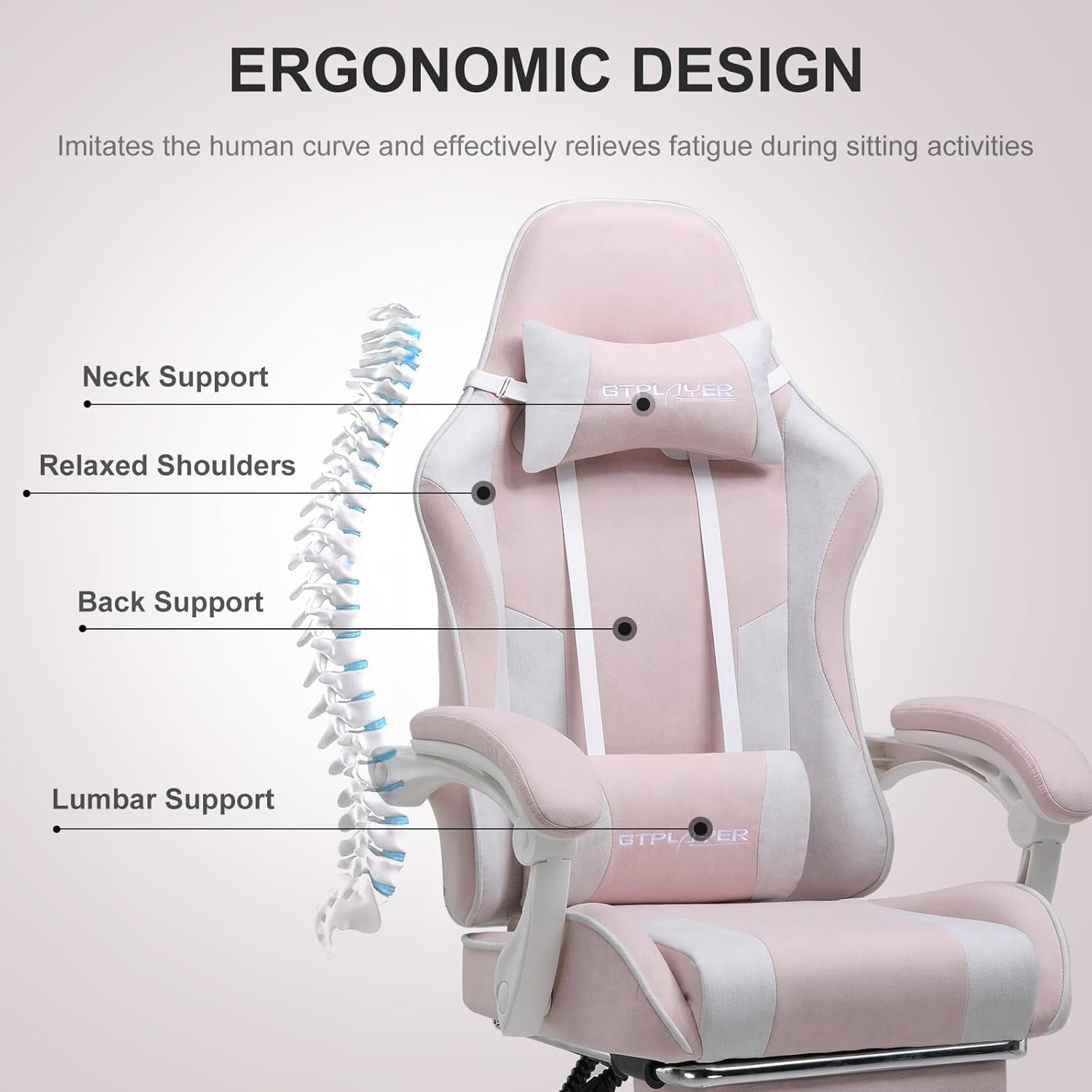Gaming Chair Ergonomic Fabric Swivel Recliner Massage Lumbar Footrest Pink