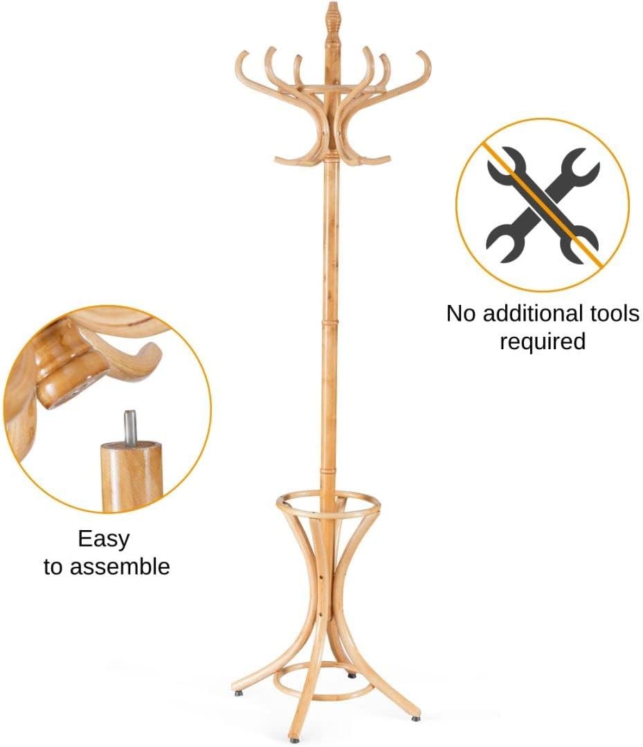 Multigot Coat Rack, Wooden Hat Clothes Hall Tree Hanger with Umbrella Holder and