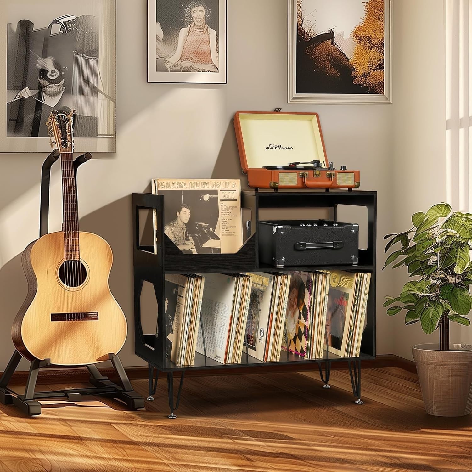 Large Record Player Stand Vinyl Storage Cabinet Holds 370 Albums Black