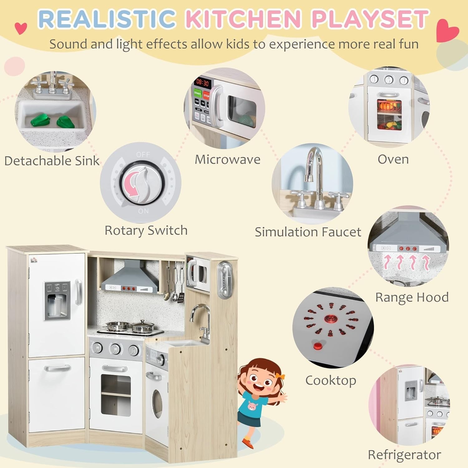Kids Wooden Play Kitchen Set w/ Lights Sounds Phone Storage Toys