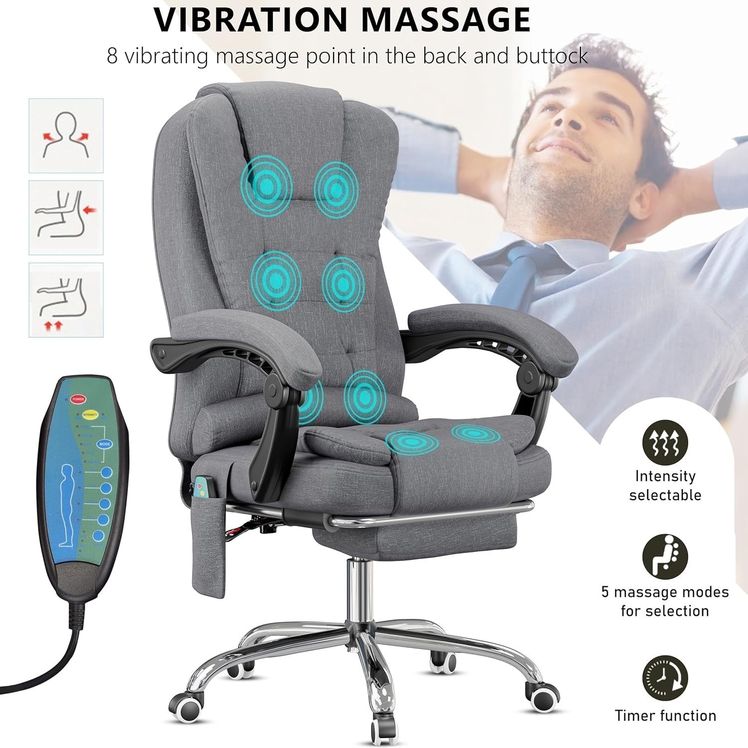 Luxury Massage Office Chair Recliner Linen High Back Desk Seat Footrest Grey