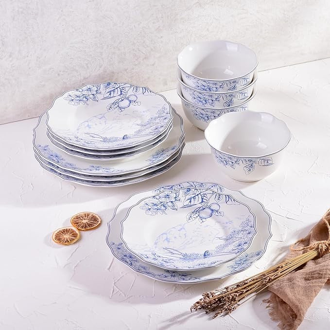 12pc White Blue Porcelain Dinnerware Set Floral Plates Bowls Service for 4