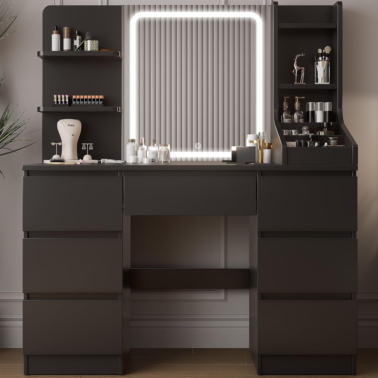 White Vanity Desk w/Lighted Mirror Stool 4 Drawers Charging Station & Hair Dryer
