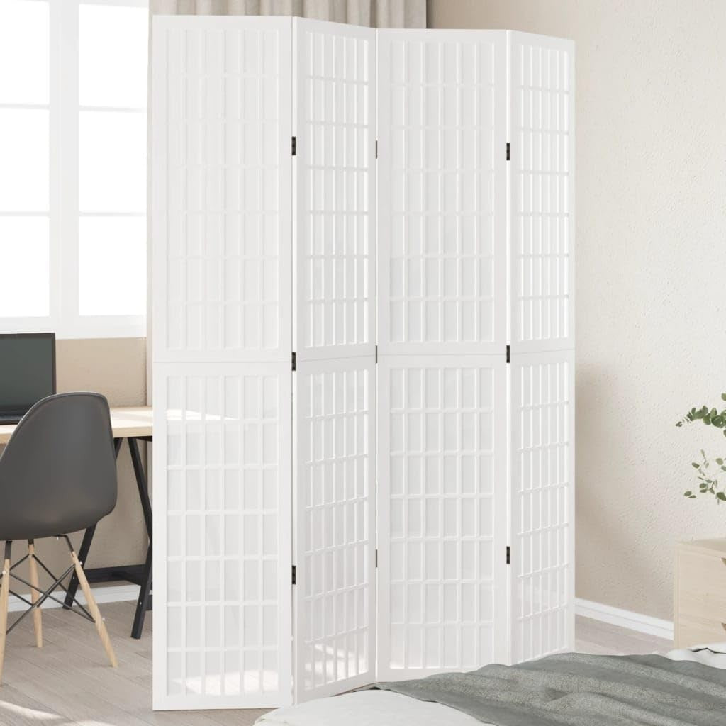 4 Panel White Wooden Room Divider 145x200cm Folding Privacy Screen for Bedroom