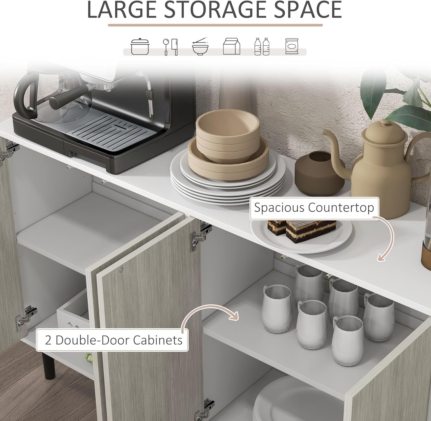 White Modern Sideboard with 4 Doors & Adjustable Shelves – Kitchen Storage