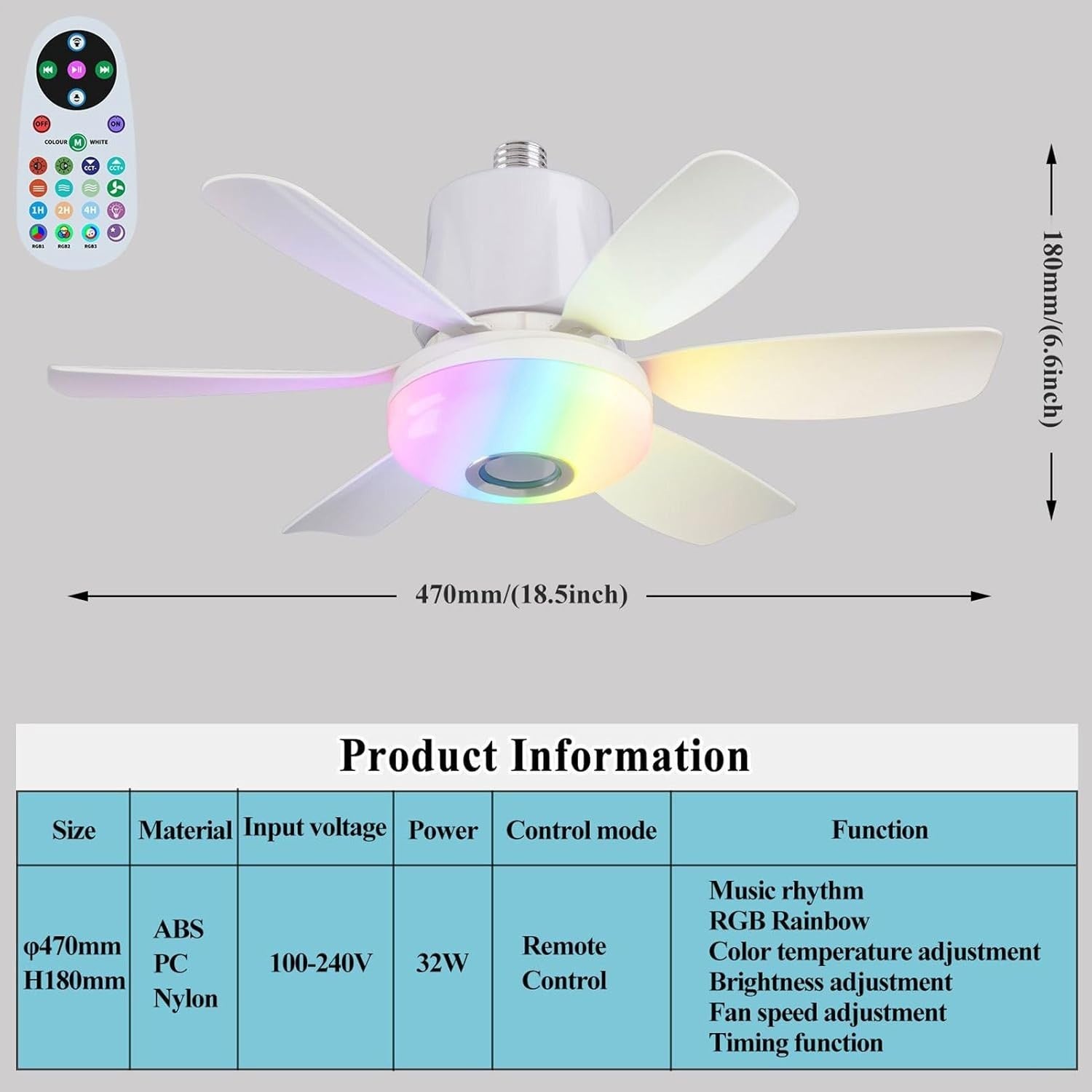 Lruvaqi 32W LED Ceiling Fan Light, 3-Speed RGB Music Fan – White