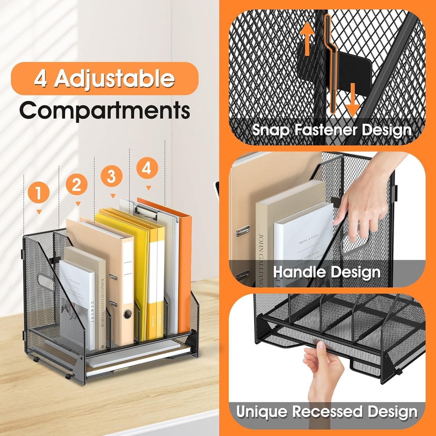 4-Tier Mesh Desk File Organizer | Vertical Folder & Paper Rack, Black