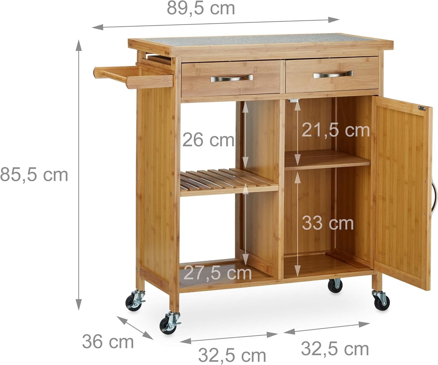 Mobile Wooden Kitchen Cart with Marble Top, Drawer & Lockable Wheels, Bamboo