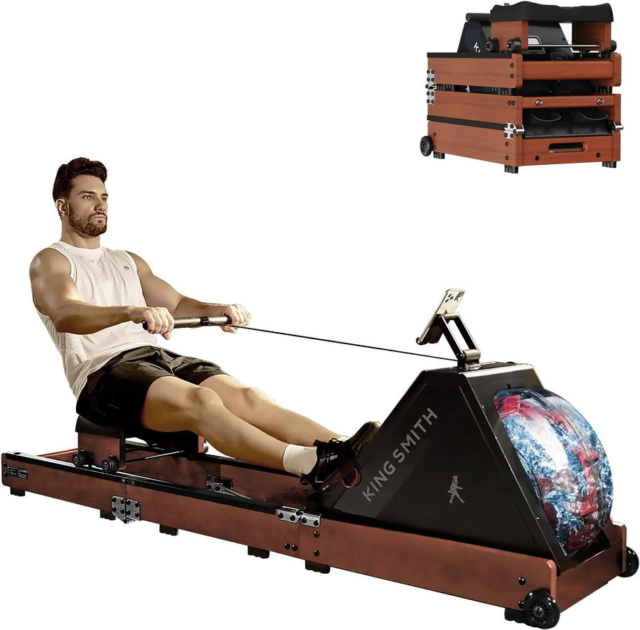 Triple-Fold Water Rowing Machine 6-Level Resistance LED App Rower 150KG Red Oak