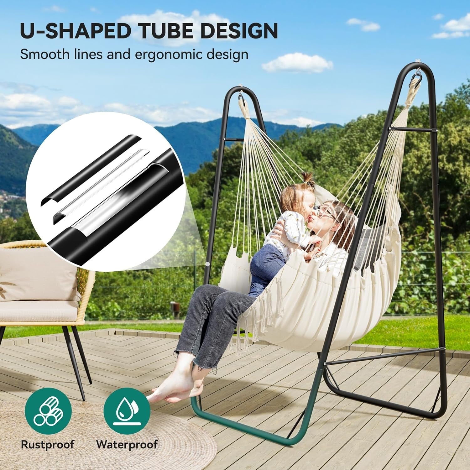 Hammock Swing Chair with Steel Frame, Side Pocket, 150kg Load, Patio