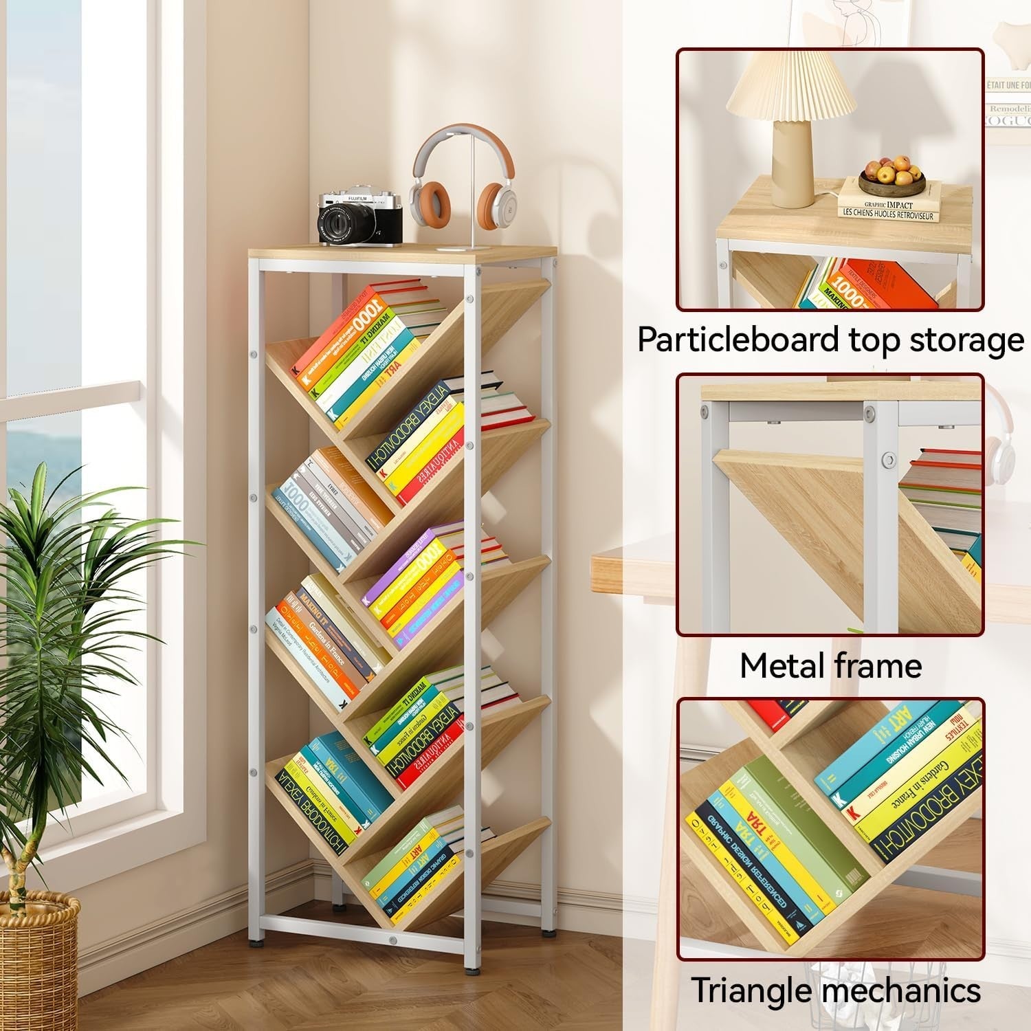 9-Tier Tree Bookshelf Wooden Floor Standing Corner Bookcase Narrow Space