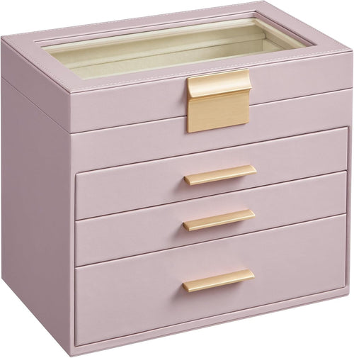 Lavender Purple Gold Jewellery Box Glass Lid 4 Layer Organizer with Drawers