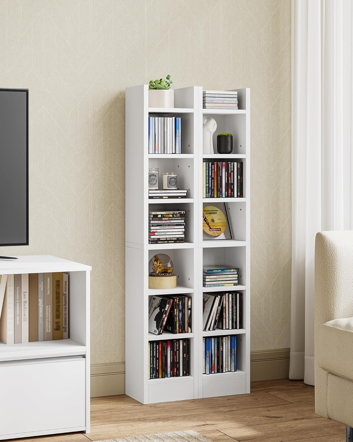 CD DVD Storage Tower 14 Shelf Media Rack Adjustable Bookcase White