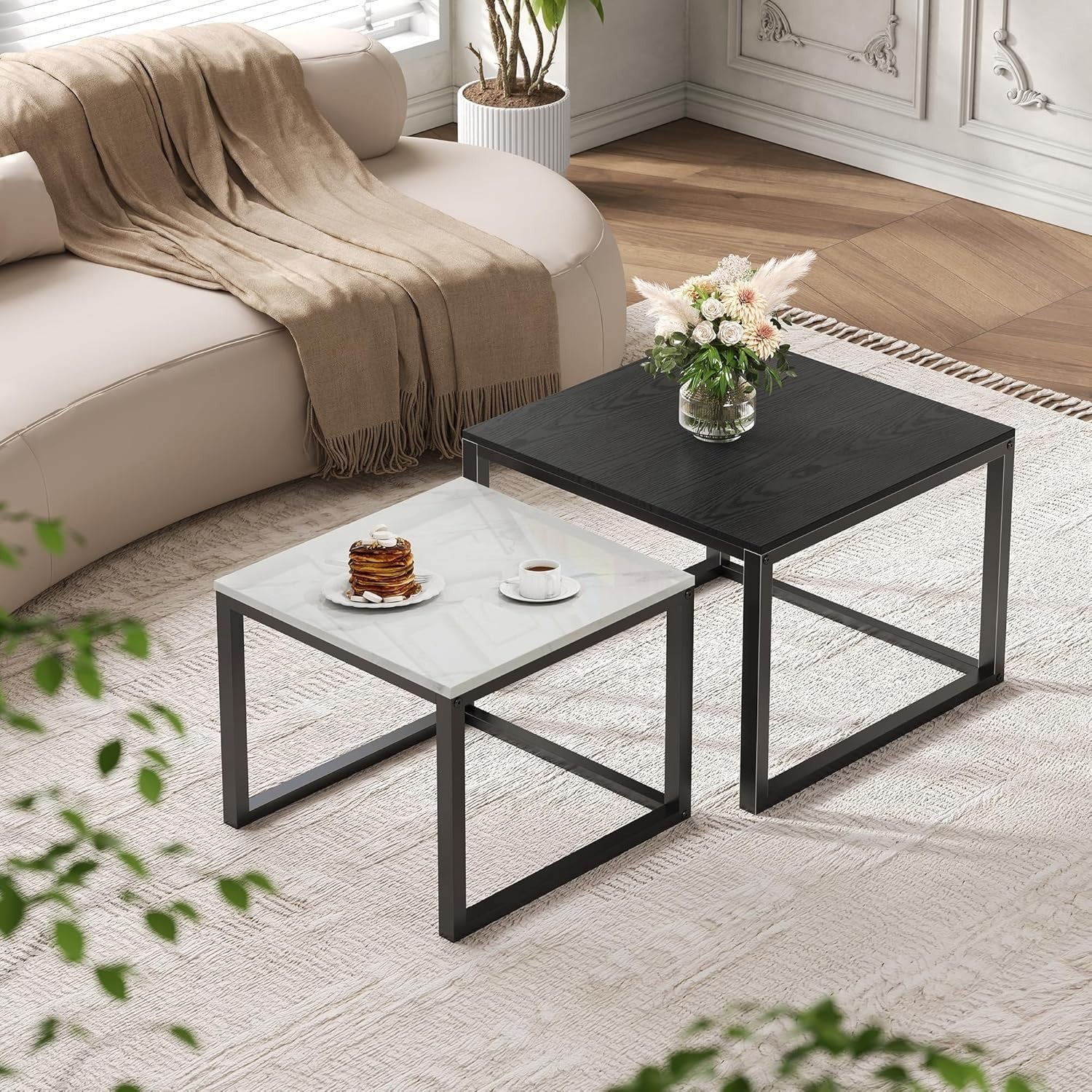 Modern Nesting Coffee Table Set 2 Black White Square Metal Wood Living Room