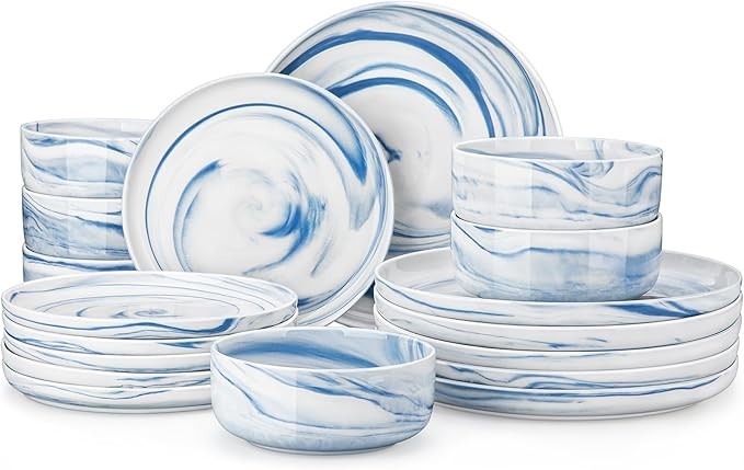 18 Piece Marble Blue Porcelain Dinner Set Plates Bowls Service for 6