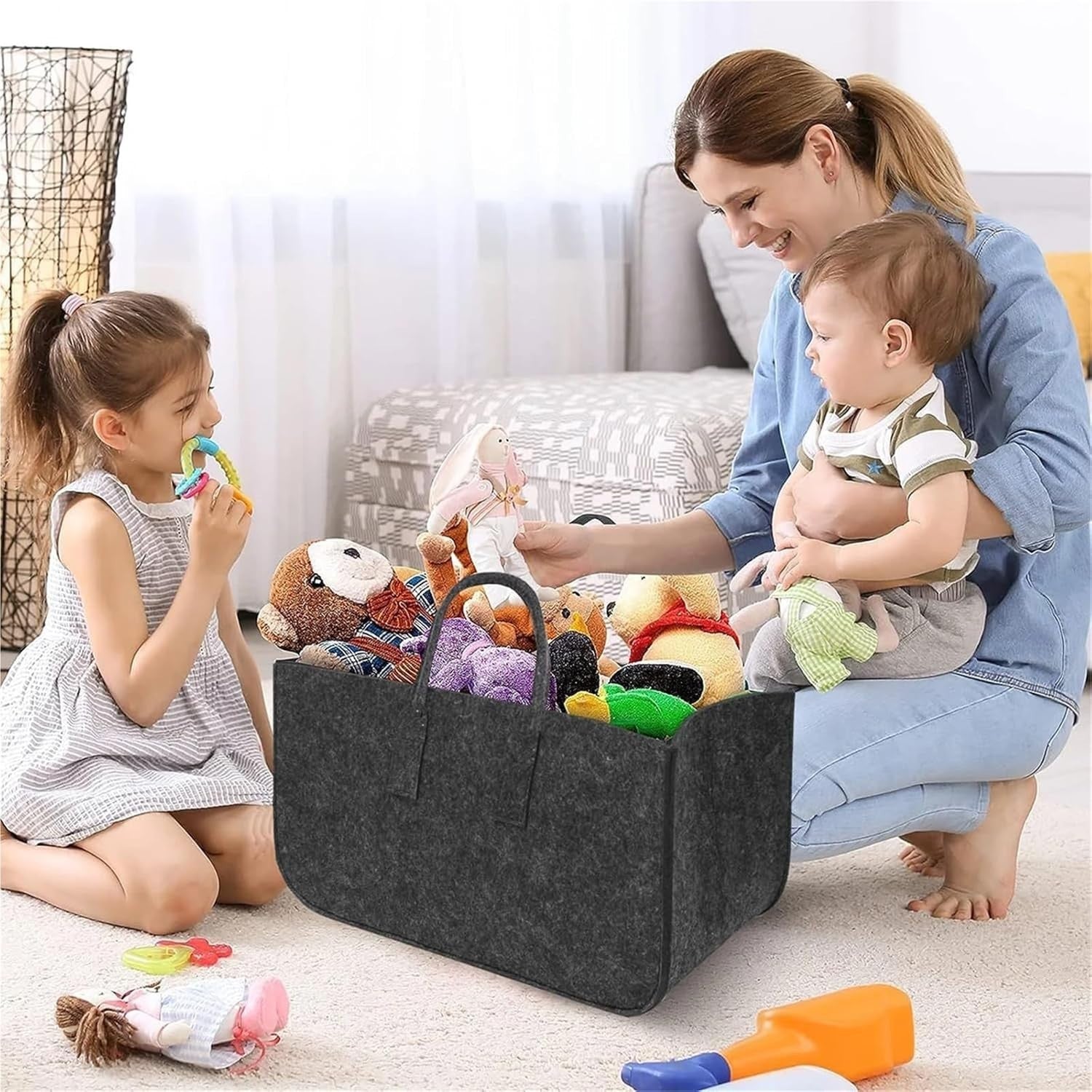 Large Firewood Log Carrier Tote Bag Felt Basket Grey Heavy Duty Storage